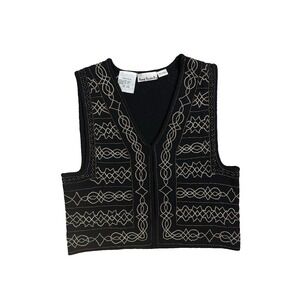 Vintage Anne Klein Black Metallic Beaded Wool Boho Western Sweater Vest Women M